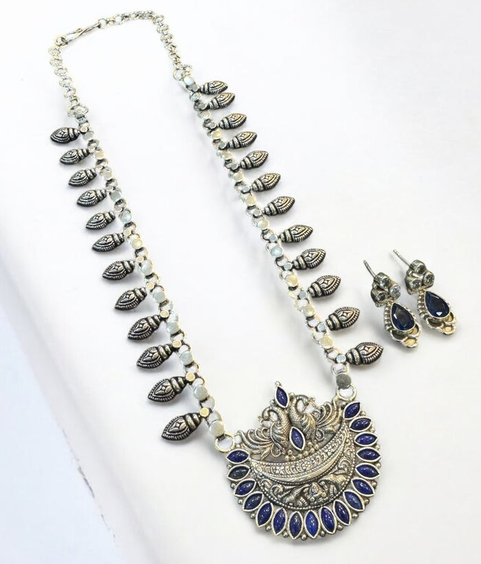 The Abhishti Nakshi Silver Blue Peacock Necklace & Earrings