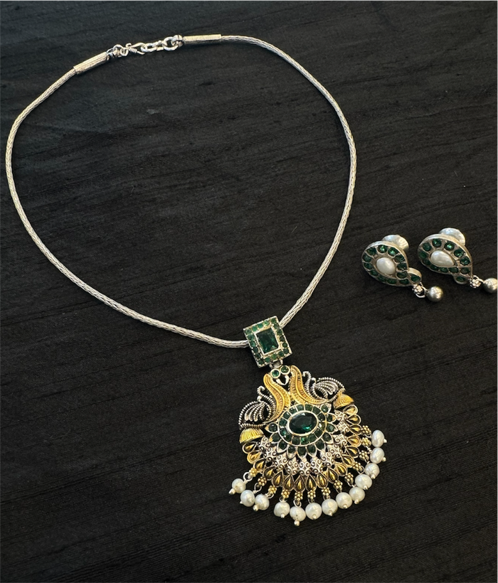The Bhumija Nakshi Silver Peacock Necklace & Earrings (2 tone)