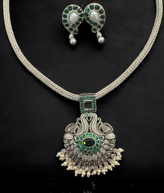 The Bhumija Nakshi Silver Peacock Necklace & Earrings (Oxidised)