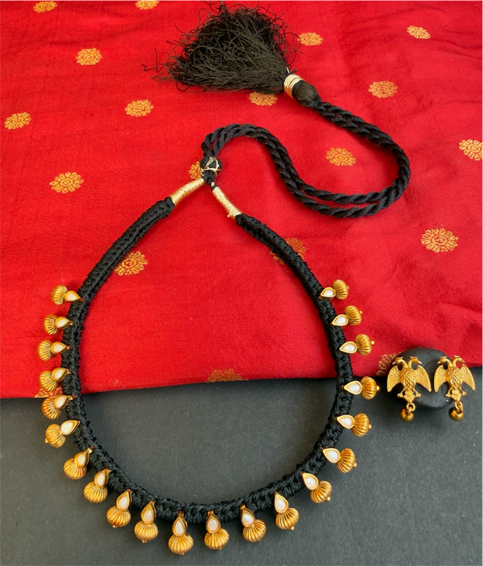 The Chaya Silver Black Thread Pearl Necklace & Earrings