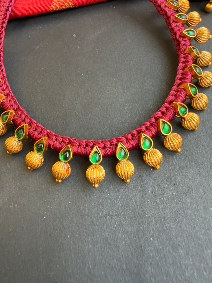 The Chaya Silver Red Thread Green Necklace & Earrings