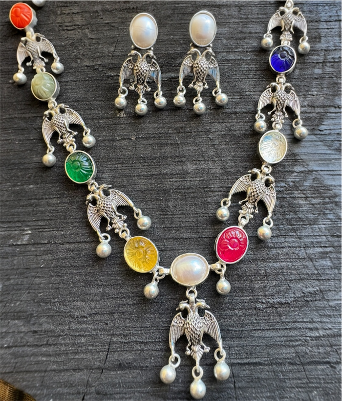The Dvi-Paksha Silver Gandaberunda Navratna Necklace & Earrings