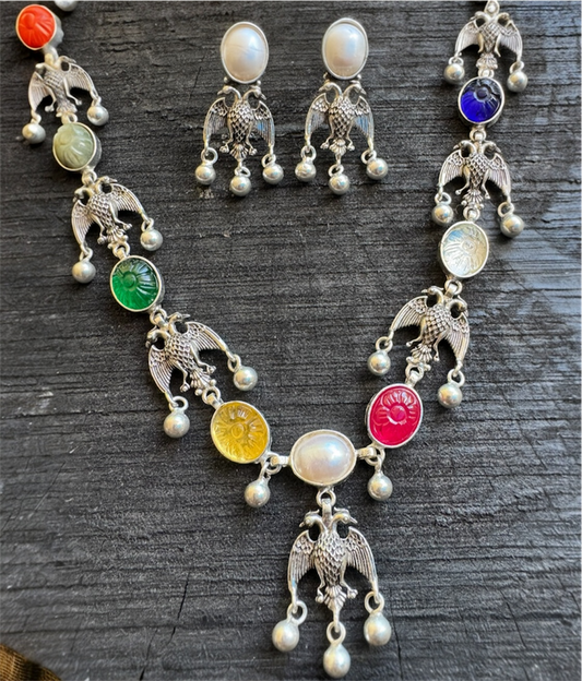 The Dvi-Paksha Silver Gandaberunda Navratna Necklace & Earrings