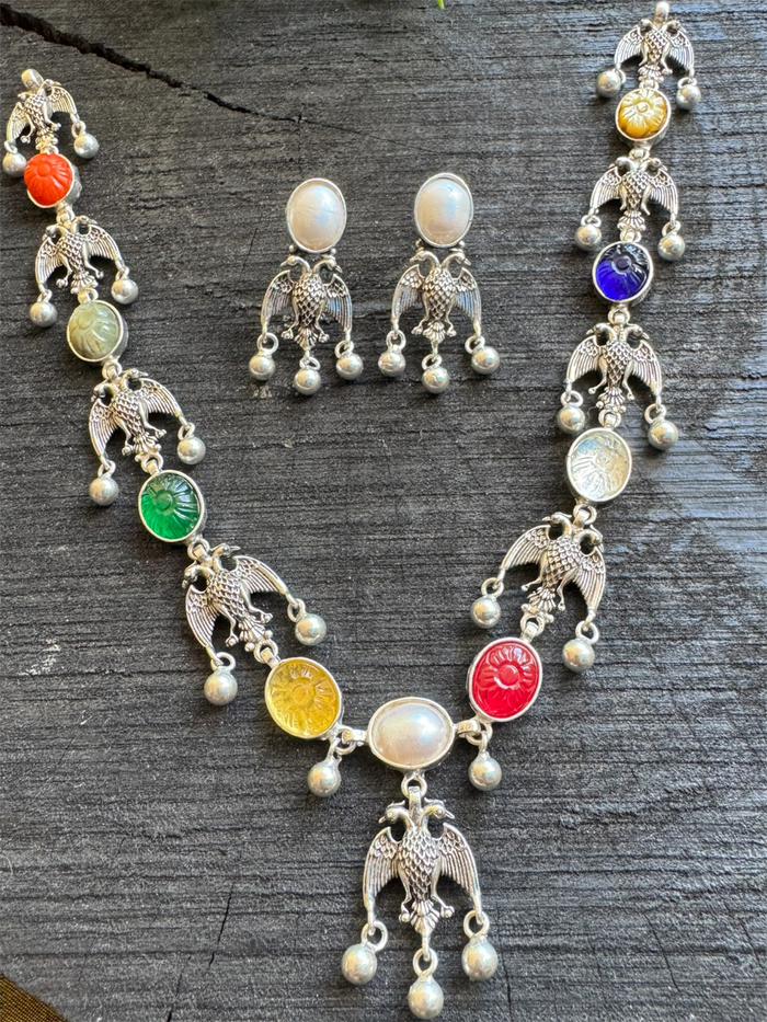 The Dvi-Paksha Silver Gandaberunda Navratna Necklace & Earrings
