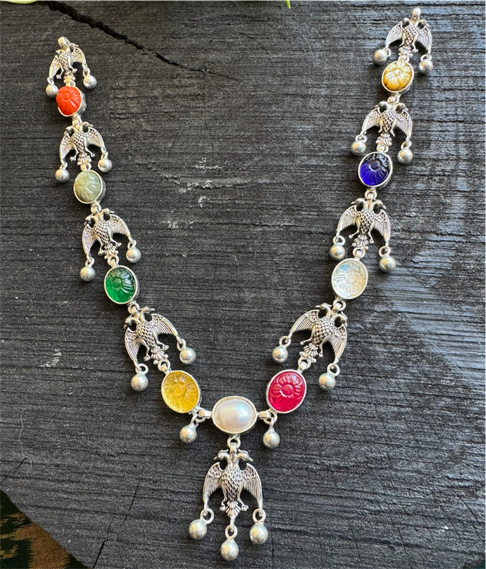 The Dvi-Paksha Silver Gandaberunda Navratna Necklace & Earrings