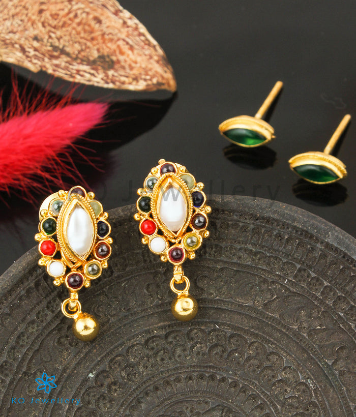 The Dviguna Silver Reversible Earrings(Green/Navratna)