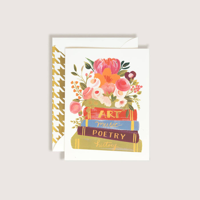 The First Snow - Liberal Arts Books with Flowers on Top Greeting Card