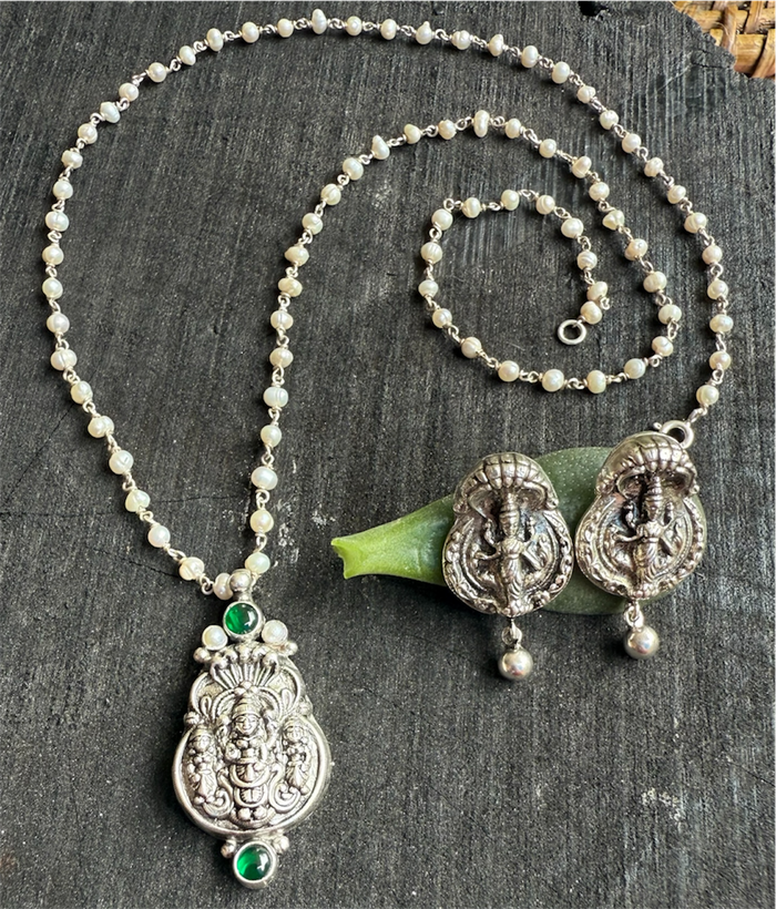 The Kavika Silver Lakshmi Nakshi Pearl Necklace & Earrings