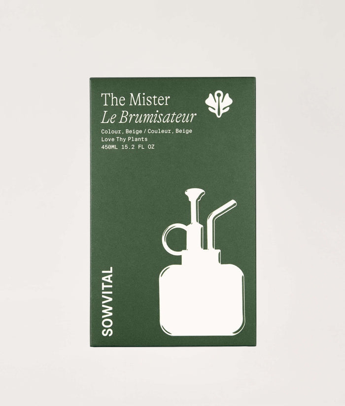 Product packaging for 'The Mister' with branding and product illustration on a beige background.