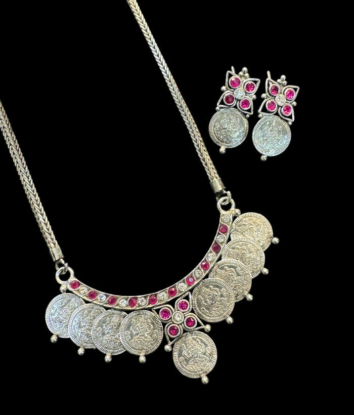 The Mudra Silver Lakshmi  Kasumala Necklace & Earrings (Oxidised)