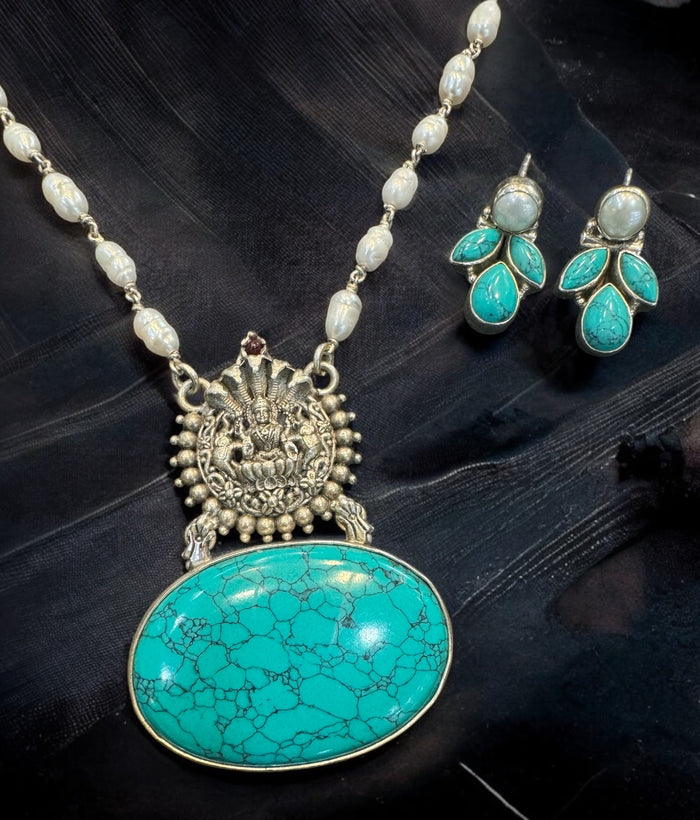 The Nila Lakshmi Pearl & Turquoise Necklace & Earrings