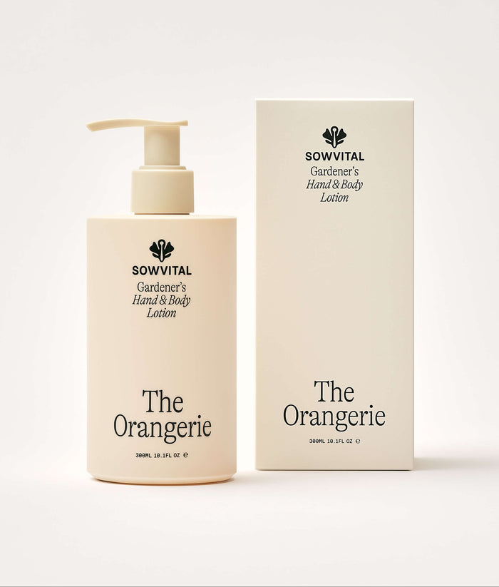 Sowvital 'The Orangerie' hand and body lotion with pump and packaging on a white background