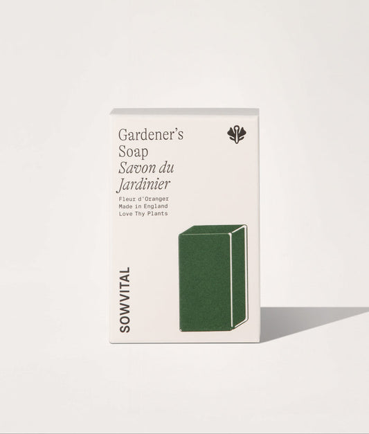 Packaging of Gardener's Soap with green soap bar on a white background.