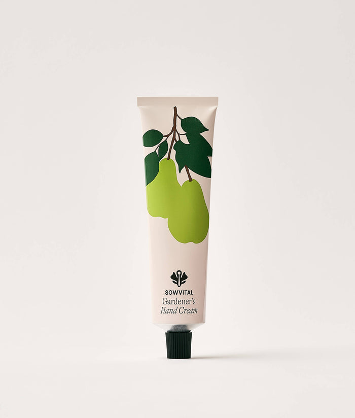 Pear Orchard Hand Cream 75ml. Hand cream tube with pear design on a white background