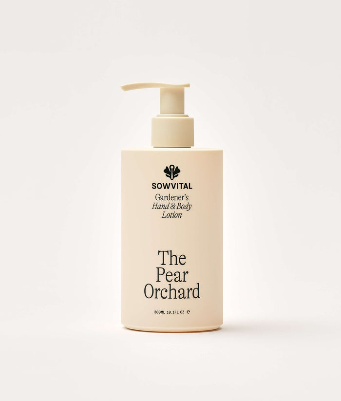 Sowvital 'The Pear Orchard' hand and body lotion bottle on a white background