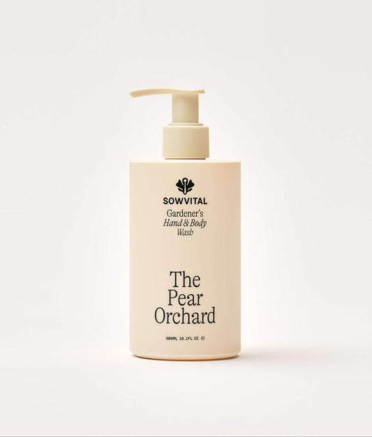 Bottle of 'The Pear Orchard' hand and body wash by Sowvital on a white background