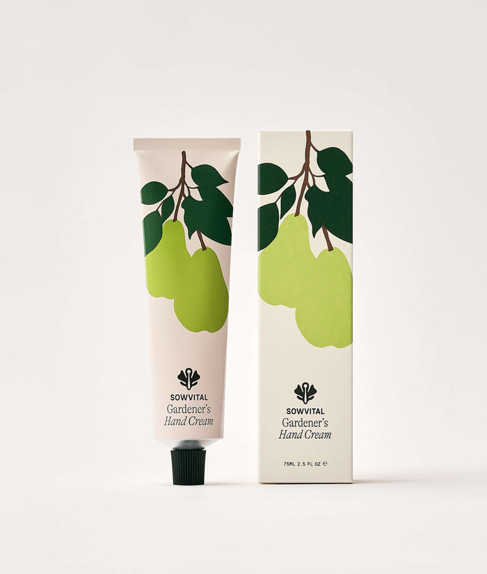 Pear Orchard Hand Cream 75ml. Hand cream with packaging featuring green pears on a white background