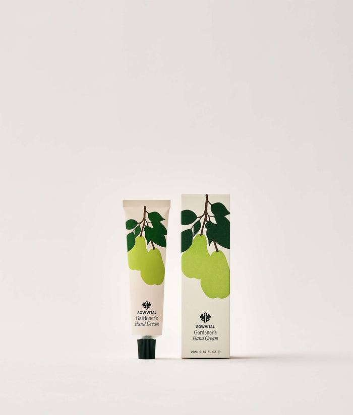 Pear Orchard Hand Cream 20ml. Hand cream tube and packaging with pear design on a white background