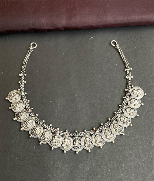 The Saanvi Silver Lakshmi Kasumala Necklace (Oxidised)