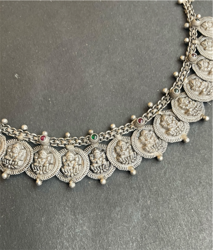 The Saanvi Silver Lakshmi Kasumala Necklace (Oxidised)