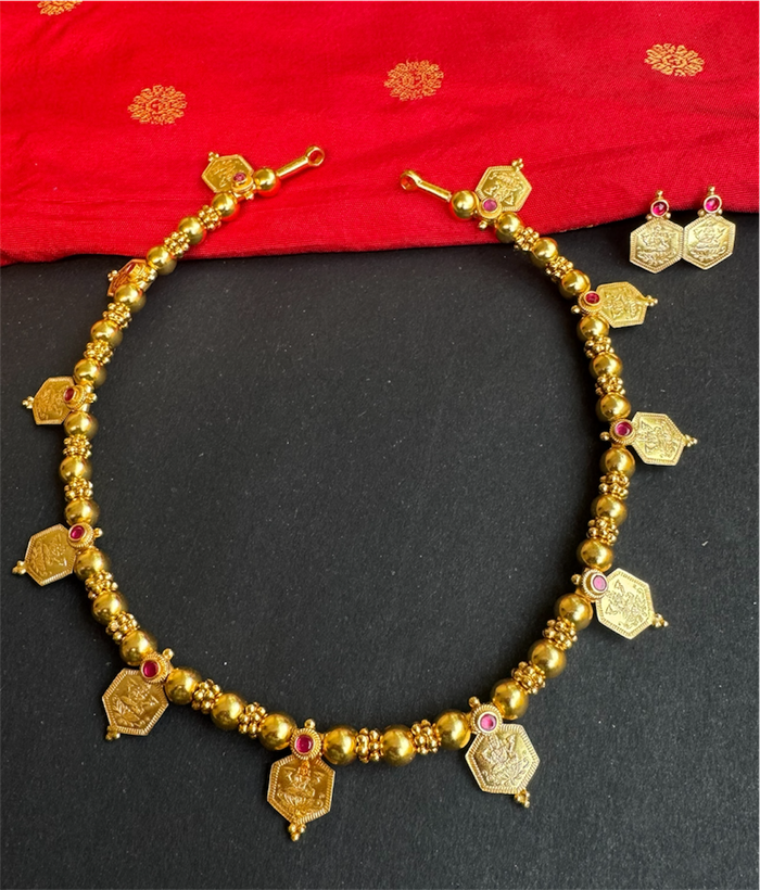The Saumika Antique Silver Kemp Lakshmi Kasumala Coin Necklace & Earrings