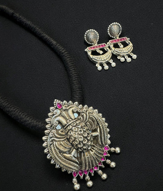The Suvrata Silver Gandaberunda Thread Necklace & Earrings (Oxidised)