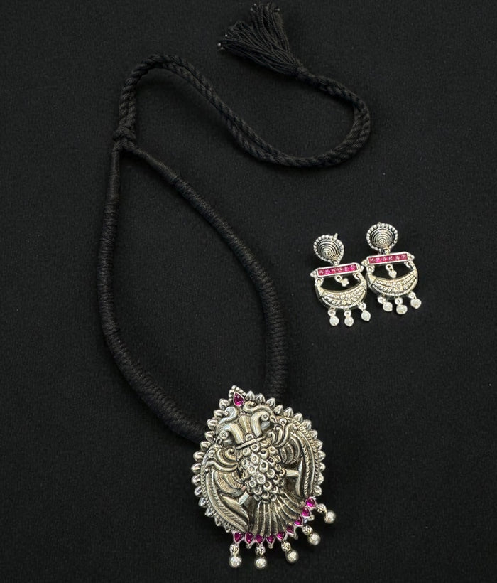 The Suvrata Silver Gandaberunda Thread Necklace & Earrings (Oxidised)