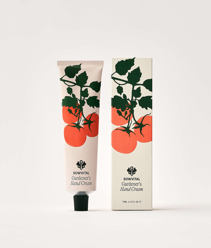Tomato Leaf Hand Cream 75ml | Hand cream tube and packaging with tomato design on a white background