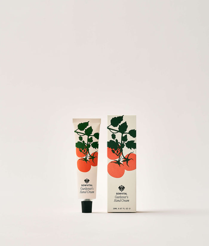 Tomato Leaf Hand Cream 20ml | Hand cream tube and packaging with tomato design on a white background
