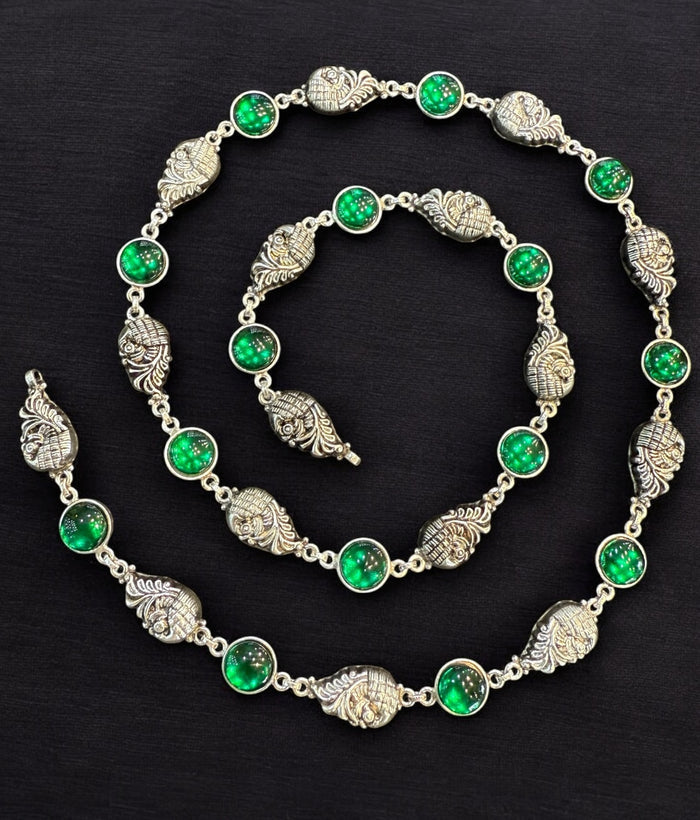 The Varunya Nakshi Silver Peacock Necklace & Earrings (Green)