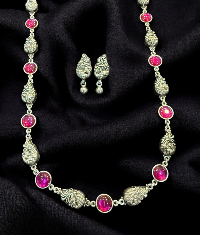 The Varunya Nakshi Silver Peacock Necklace & Earrings (Red)