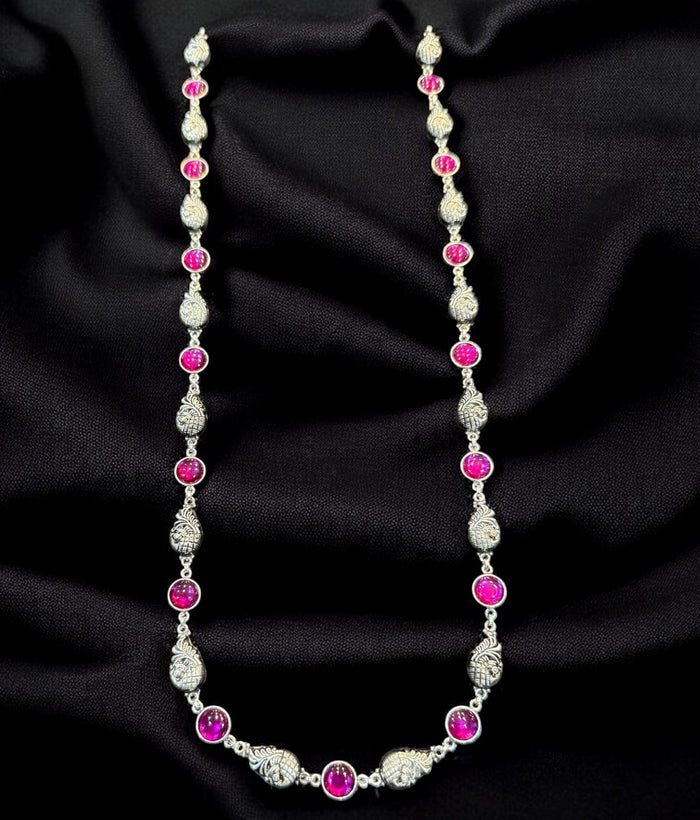The Varunya Nakshi Silver Peacock Necklace & Earrings (Red)