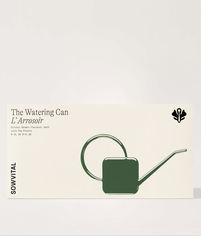 Product packaging for 'The Watering Can' by SOWVITAL on a light beige background.