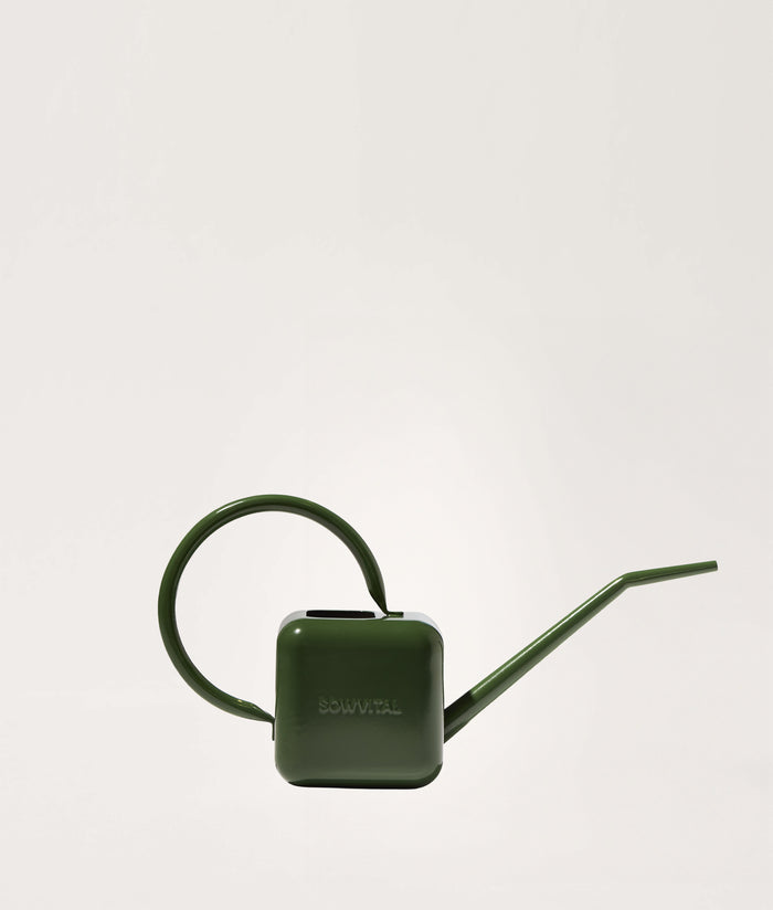 Green watering can on a light gray background.