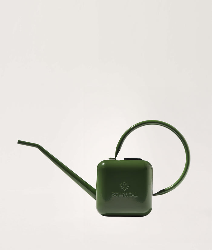 Green watering can on a light gray background.