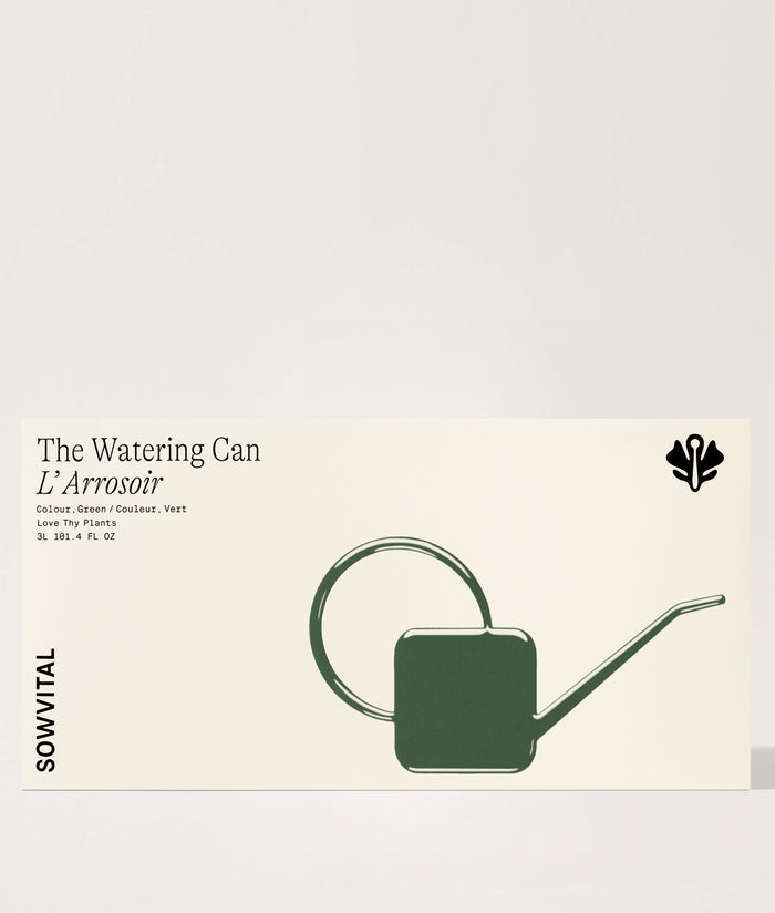 Box with a green watering can illustration and text on a beige background.
