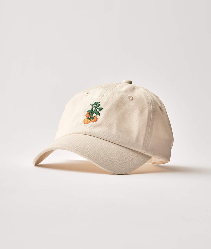 Beige cap with embroidered design on a light gray background