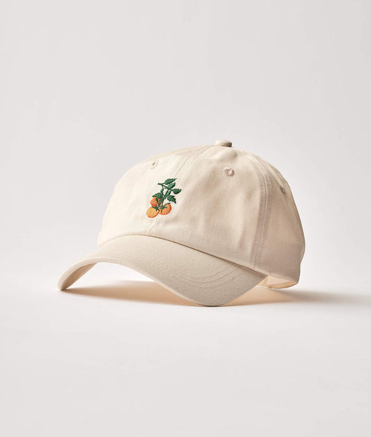 Beige cap with embroidered design on a light gray background