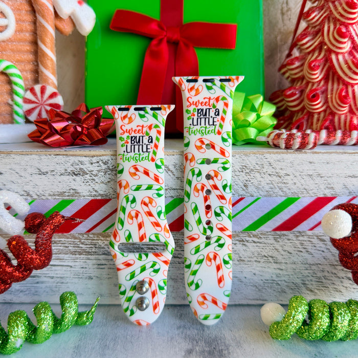 Close up of Twistmas Vibes silicone Apple Watch strap showing candy cane pattern