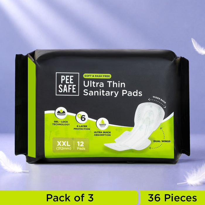 Pee Safe Ultra Thin Sanitary Pads - XXL (12 Pads) - Pack of 3