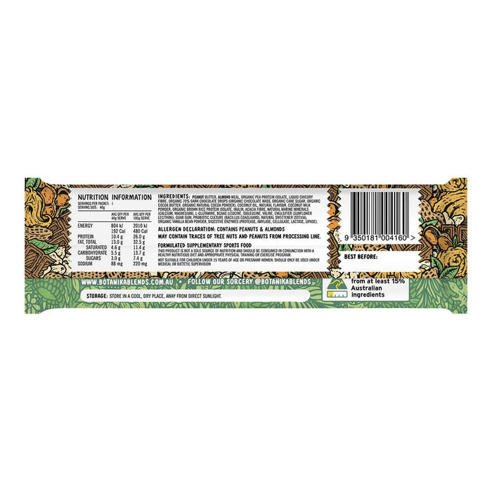 Back of protein bar packaging showing nutrition information, ingredients, and barcode.