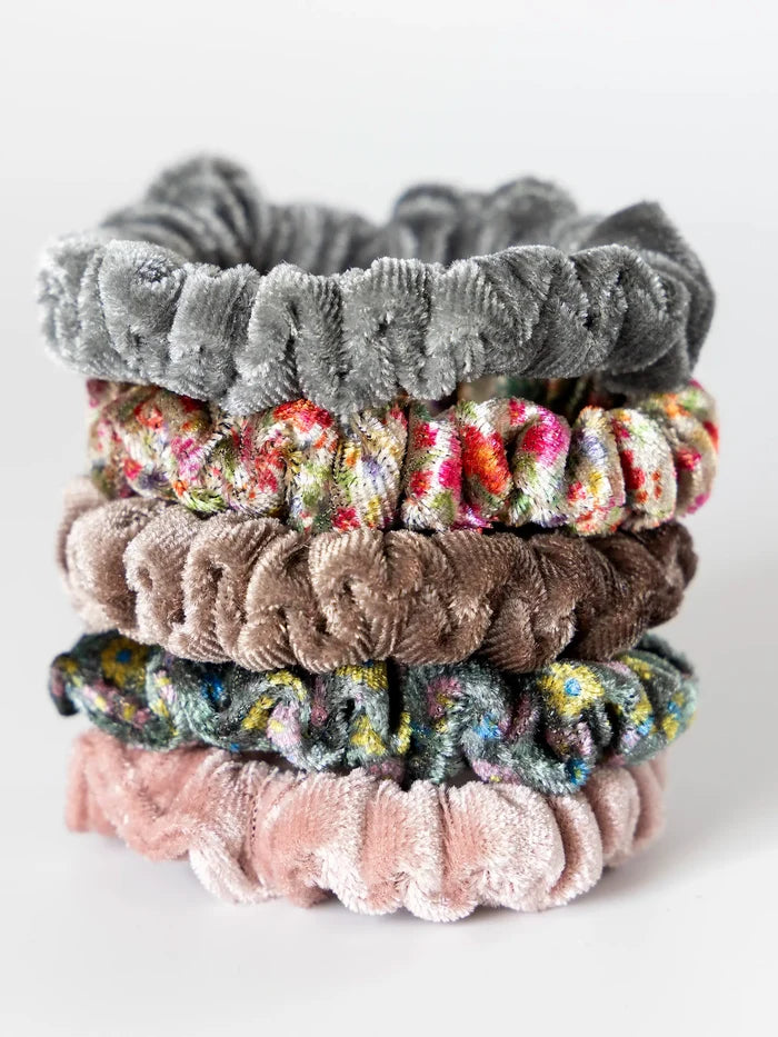Velvet Scrunchies, Set of 5 - Light Grey-view 1