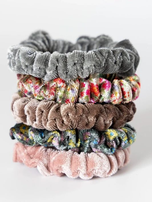Velvet Scrunchies, Set of 5 - Light Grey-view 1