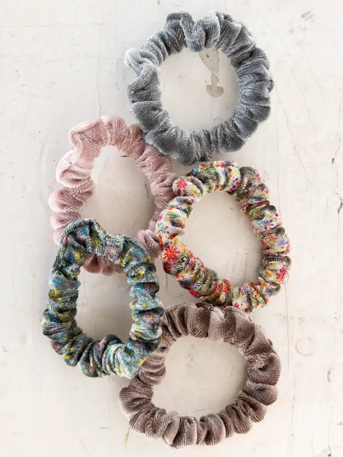 Velvet Scrunchies, Set of 5 - Light Grey-view 2
