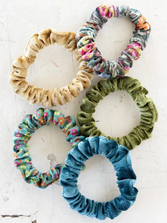 Velvet Scrunchies, Set of 5 - Olive-view 1