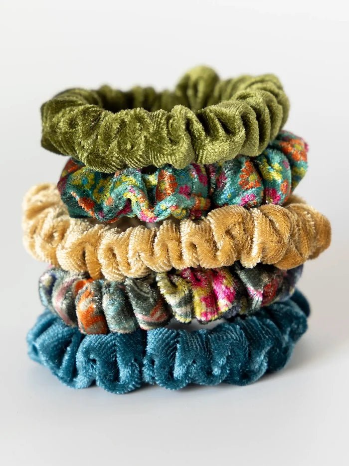 Velvet Scrunchies, Set of 5 - Olive-view 2