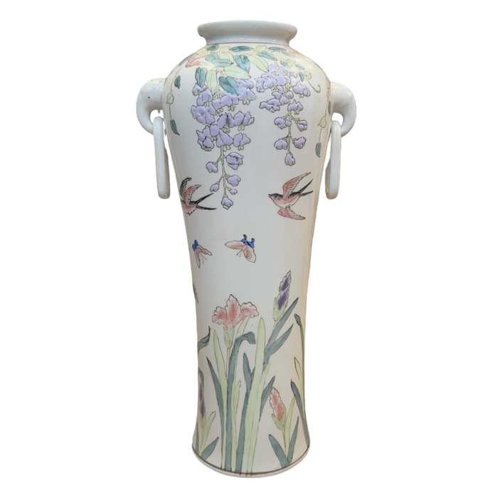Vintage Chinoiserie Floral Vase with Birds & Wisteria