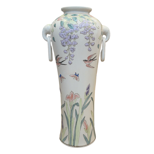 Vintage Chinoiserie Floral Vase with Birds & Wisteria