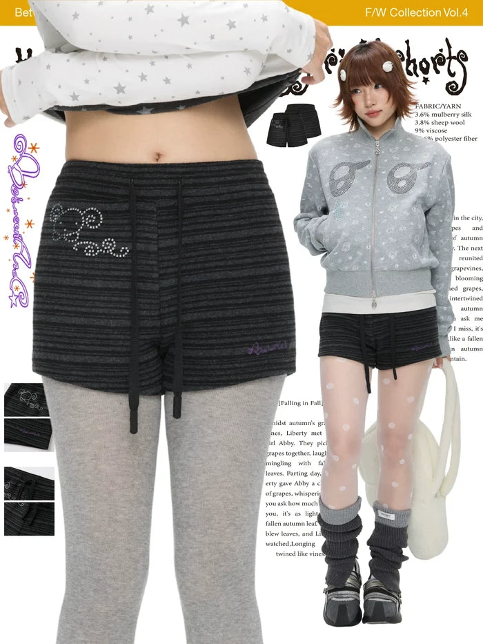 Vintage dark-grey striped rhinestone stretch shorts
