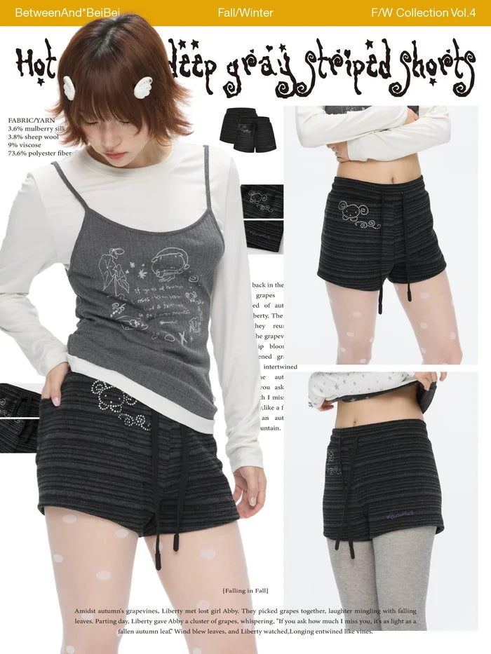 Vintage dark-grey striped rhinestone stretch shorts